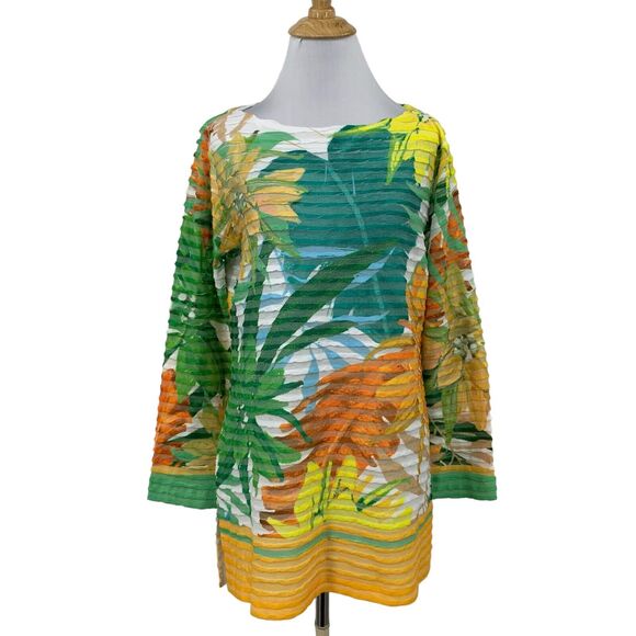 Soft Surroundings Tunic Womens MP Petite Striped Tropical Burnout Textured Top - Picture 1 of 12